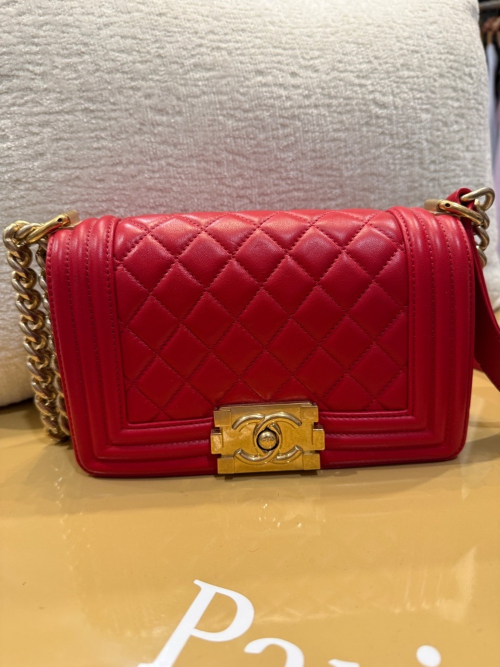 Authentic CHANEL Red Quilted Boy Lock Flap Crossbody Bag